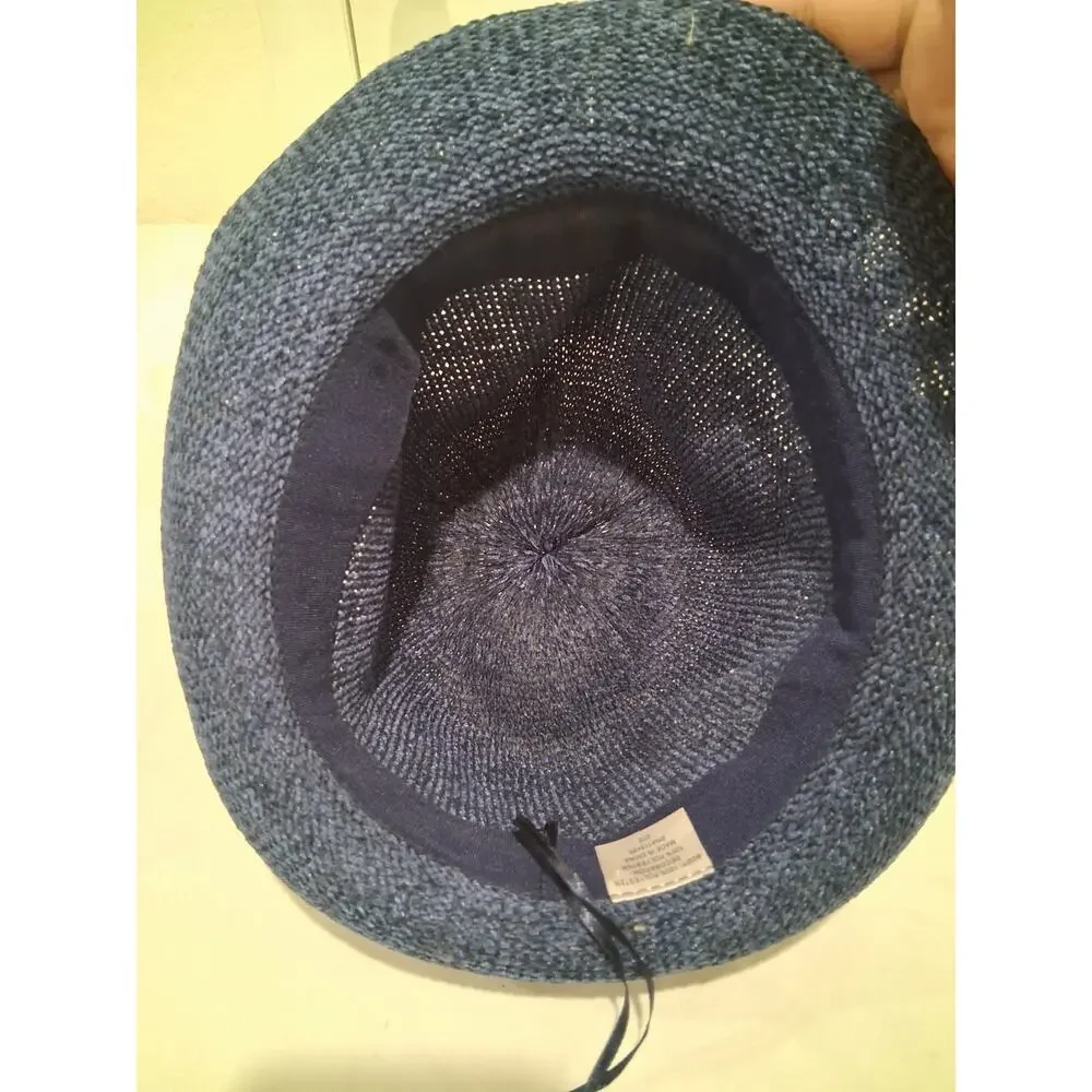 Kohl's Women's Navy Blue Knit Fedora Panama Hat Black Fringe Ribbon Band O/S